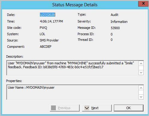 Status message for successfully submitting feedback