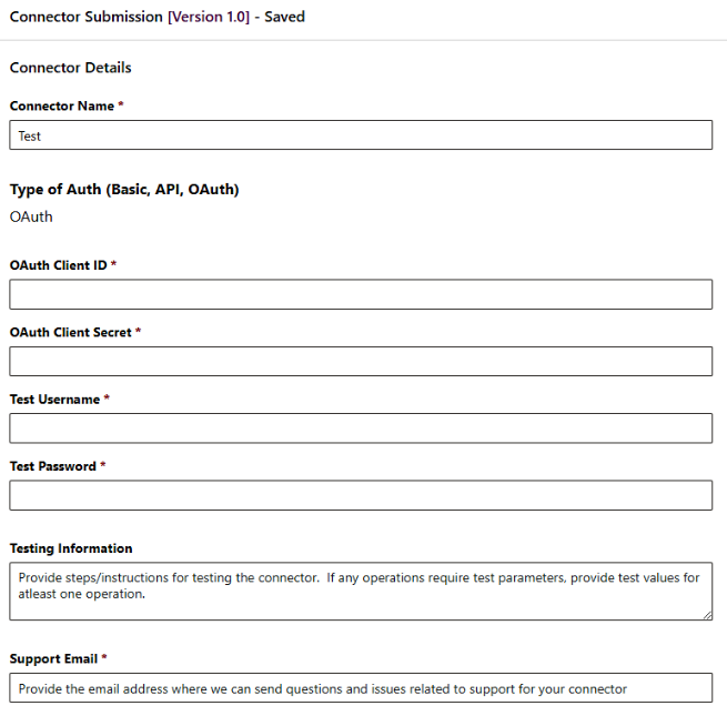 Screenshot of connector submission details.