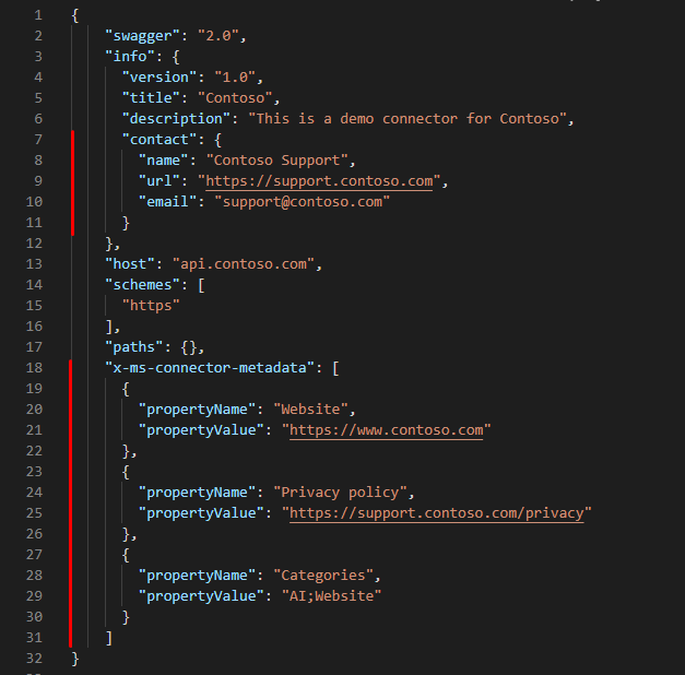 Screenshot showing x-ms-connector-metadata, which is available as a usable example in Sample code snippets