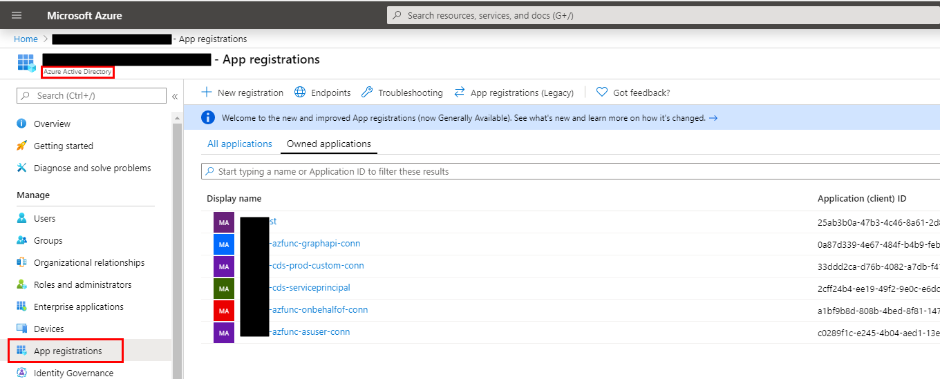 Azure AD registrations page in the Azure portal.
