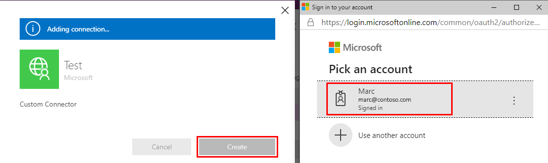 Screenshot that shows the Create button and the sign-in screen.