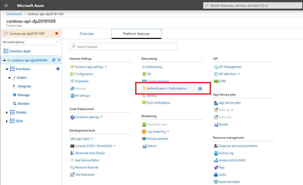 The Authentication / Authorization link highlighted on the Function Apps blade in the Azure portal.