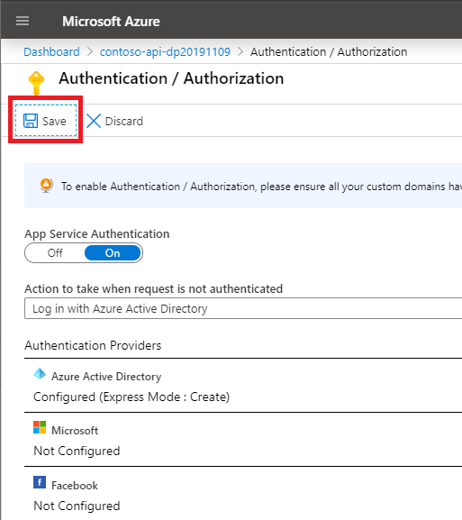 The Save button highlighted on the Authentication / Authorization blade for a function app in the Azure portal.