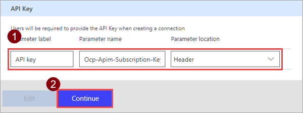 Screenshot of API key parameters.
