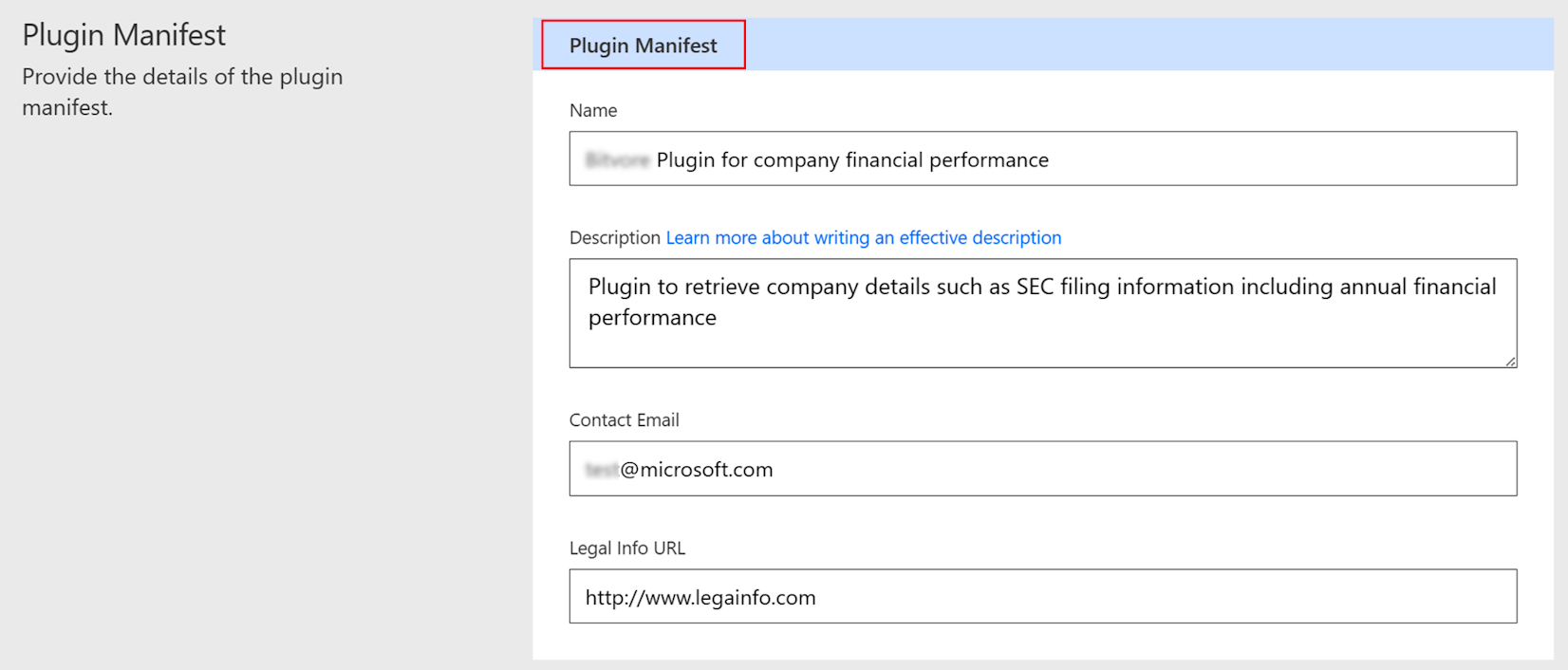 Screenshot of the fields on the 'Plugin manifest' page.