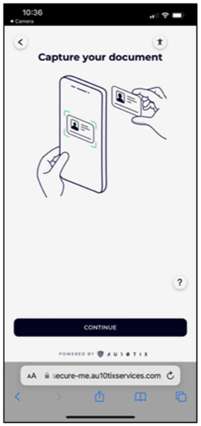 The AU10TIX mobile screen shows the process of capturing an image of a document.