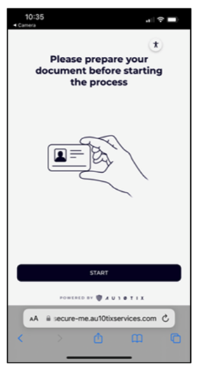The AU10TIX mobile screen where you are prompted to prepare your credentials and to select the start button.
