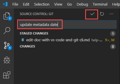 Screenshot of the source-control pane showing the changes as staged with a commit message. The commit checkmark is also highlighted.