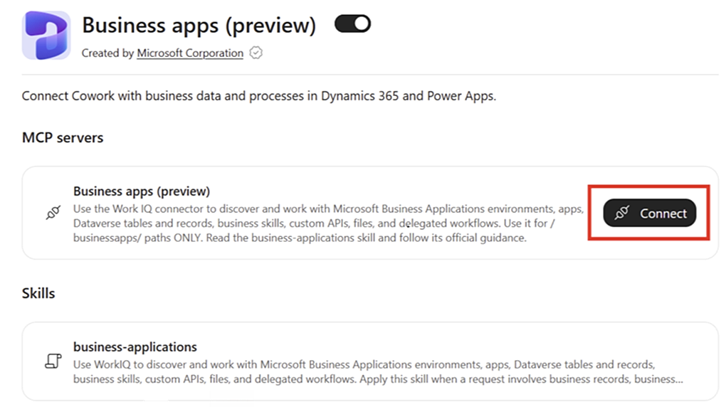 Screenshot of Business Apps (preview) screen with the Connect button next to the plugin name in the MCP servers section.