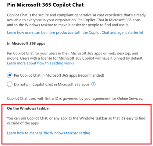 Screenshot showing the link to pin Microsoft 365 Copilot app to the Windows taskbar if you don't have an Intune subscription.