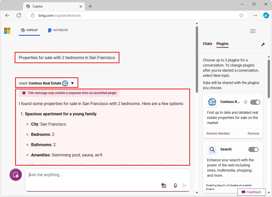 The Bing Chat UI, displaying a response from Copilot in Bing