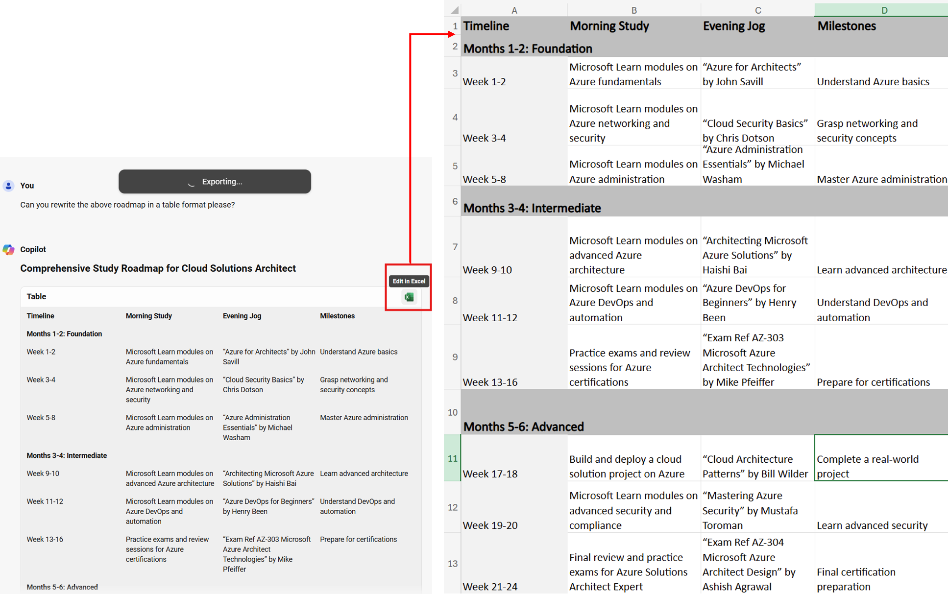 Export roadmap in table format to excel.