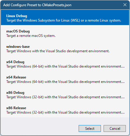 Screenshot of the Add Configure Preset to the JSON file dialog. It contains entries such as Linux Debug, macOS Debug, x64 Debug, and so on.