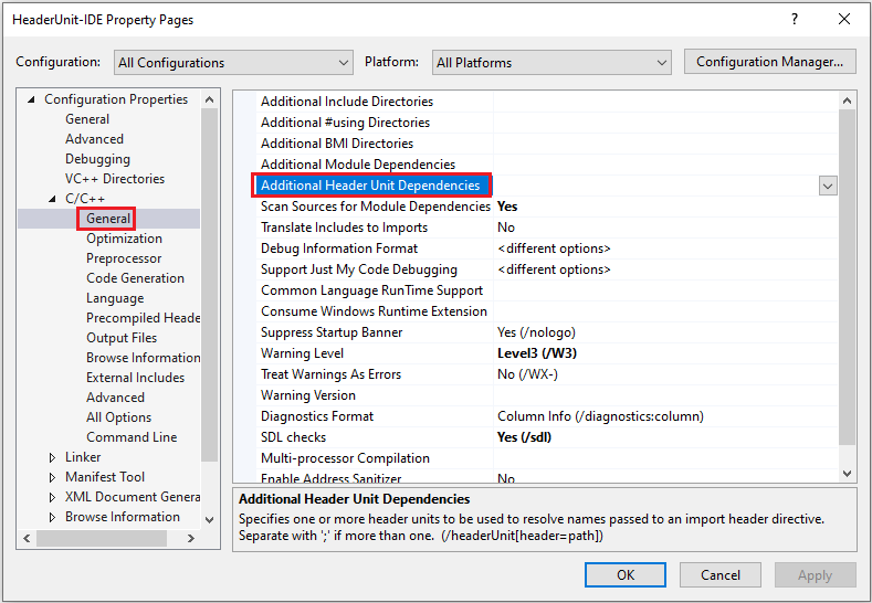 Screenshot that shows the Additional Header Unit Dependencies setting in the project Property Pages dialog.