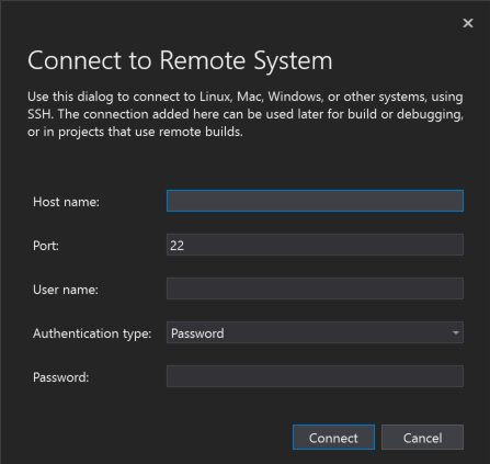 Visual Studio Connect to Remote System dialog.