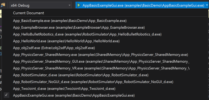 Visual Studio toolbar launch drop-down for Select Startup Item.