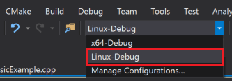 Launch configuration drop-down with X64-Debug and Linux-Debug options.