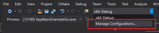 Manage Configuration command highlighted in the Configuration drop-down.