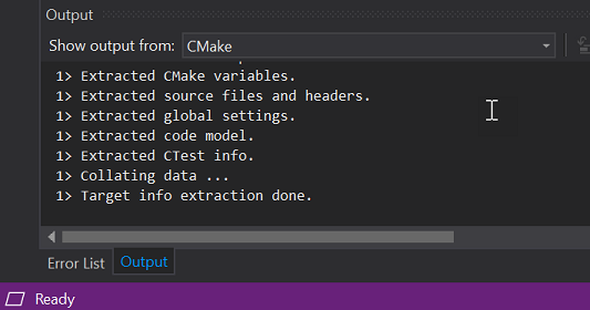 Output window showing output from CMake.