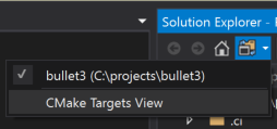 Solutions and Folders button in the Solution Explorer to show CMake targets view.
