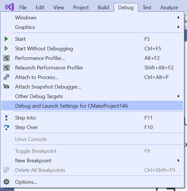 Screenshot of the Debug menu command Debug and launch settings for the project.