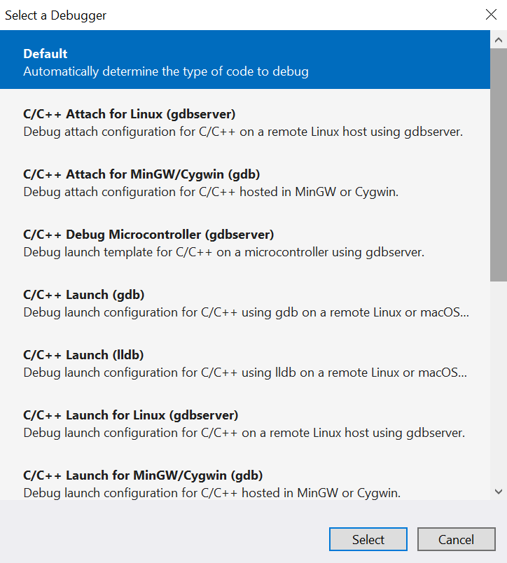 Screenshot of the Select a debugger dialog box.