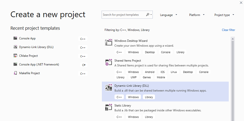 Screenshot of the Create a new project dialog with the Dynamic Link Library template highlighted.