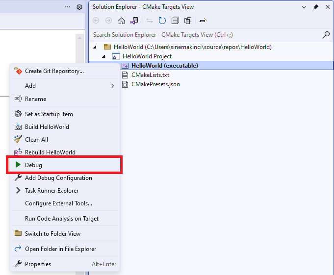 Screenshot of the CMake Targets View debug option menu.