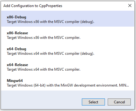 Add Configuration to CppProperties dialog, showing list of Default configurations: x86-Debug, x86-Release, x64-Debug, x64-Release, and so on.