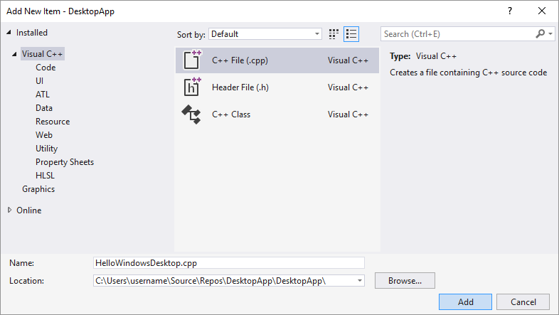 Screenshot of the Add New Item dialog box in Visual Studio 2019. The C plus plus File (.cpp) option is selected. The name field is set to Hello Windows Desktop.cpp.