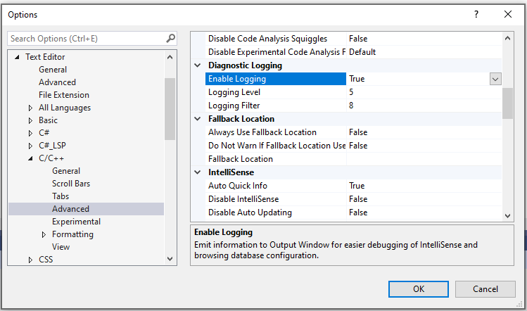 Options dialog, showing the Diagnostic logging settings.
