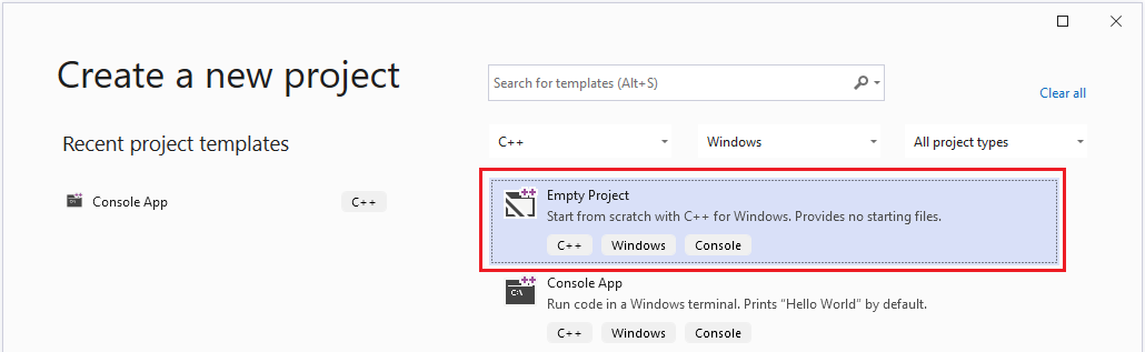 Screenshot that shows creating a new empty C++ project.