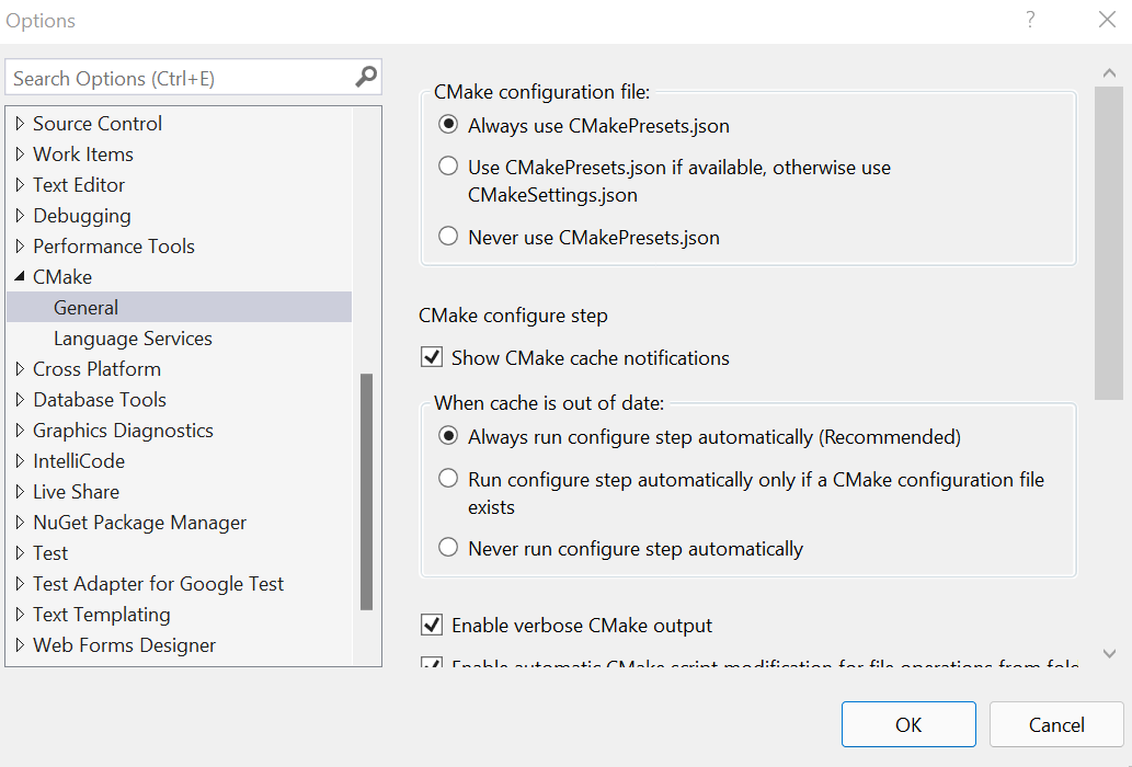 Screenshot showing the checkbox to enable CMakePresets.json on the CMake General page of the Tools Options dialog in Visual Studio 2022 version 17.1.