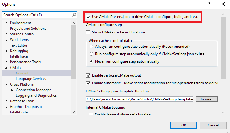 Screenshot of an older version of Visual Studio. There is a checkbox labeled 'Use C Make Presets .json to drive CMake configure, build, and test.'