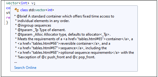 Screenshot of a GCC IntelliSense pop-up showing the header documentation.