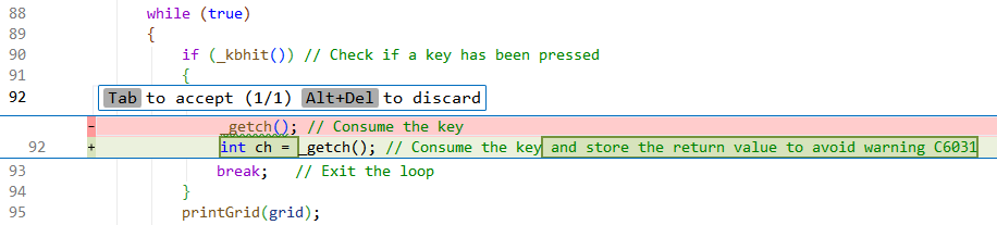 Screenshot of the Copilot proposed changes. Tab to accept. Alt+Del to discard.