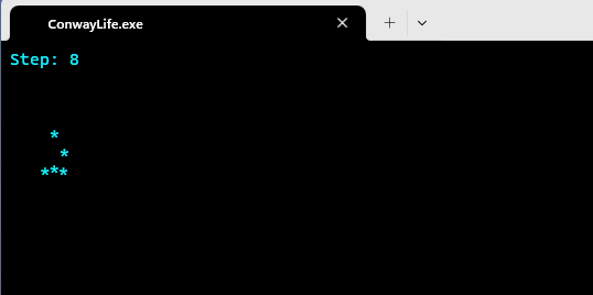 Screenshot of Conway Life running in a command window, displaying the evolving grid of cells.