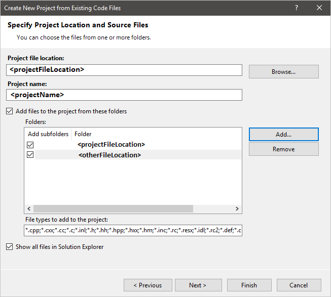 Create New Project from Existing Code dialog, showing Project location settings.