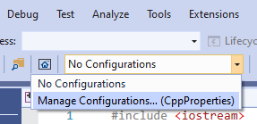 Configuration dropdown on the toolbar showing the Manage configurations selection.