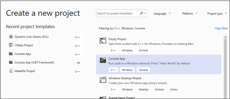 Screenshot of the Create a new project dialog box with the Console App option highlighted.
