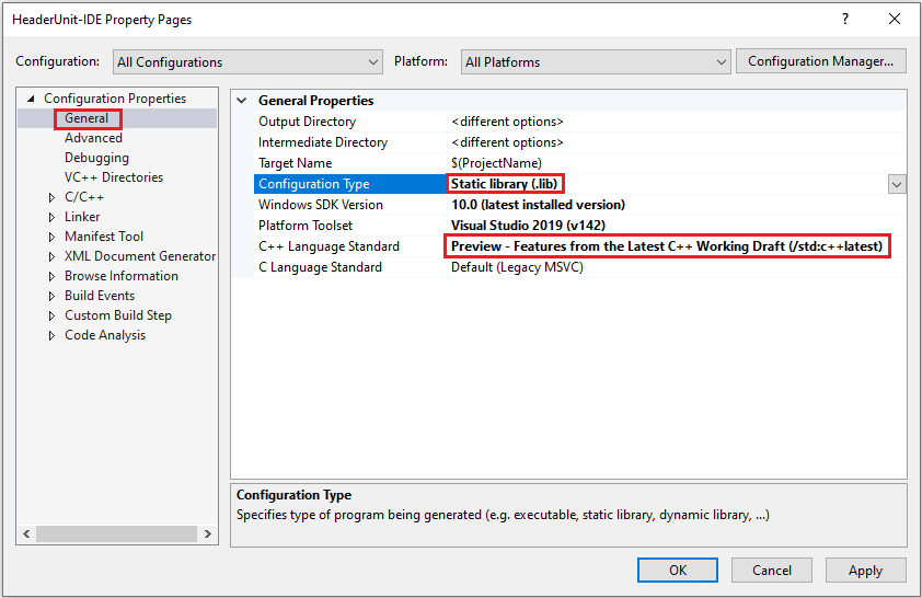 Screenshot that shows settings for Configuration Type and C++ Language Standard.
