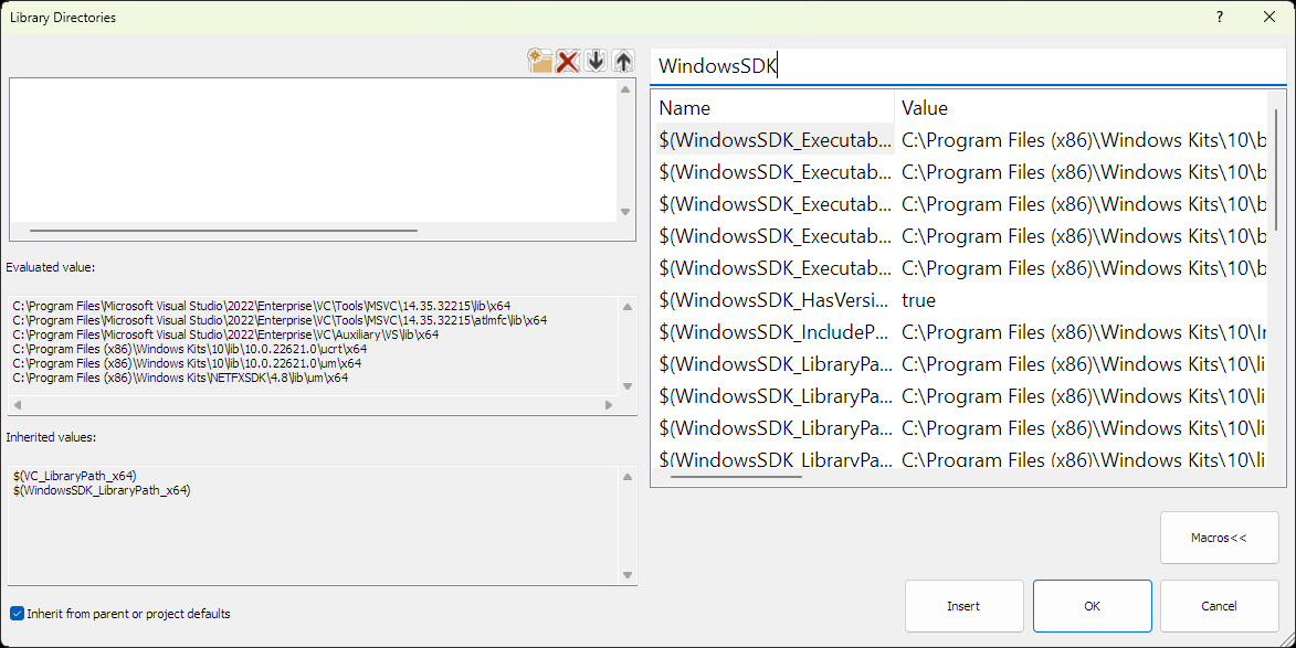 Screenshot of the Visual Studio Include Directories dialog after choosing the Macros button.