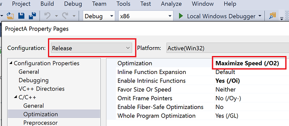 Screenshot of the Visual Studio project Property Pages dialog. The Configuration dropdown is called out and is set to Release. The C/C++ > Optimization > Optimization setting is set to Maximize Speed (/O2).