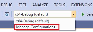 Screenshot showing CMake Manage Configurations highlighted in the Configuration dropdown.
