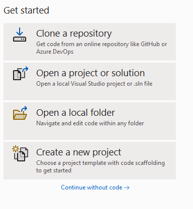 Screenshot of the Visual Studio 2022 get started dialog box.