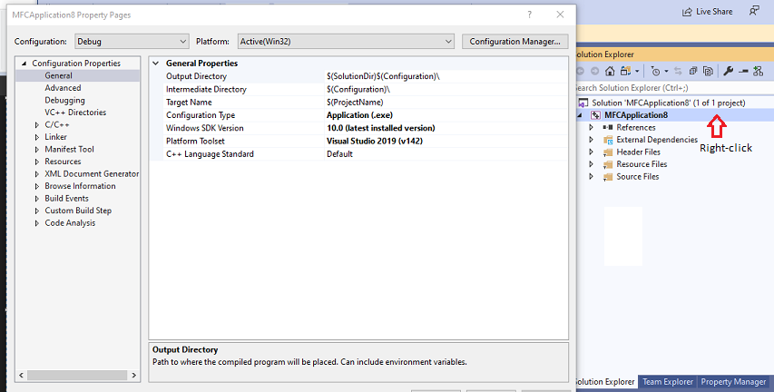 Screenshot of the project Property Pages dialog.