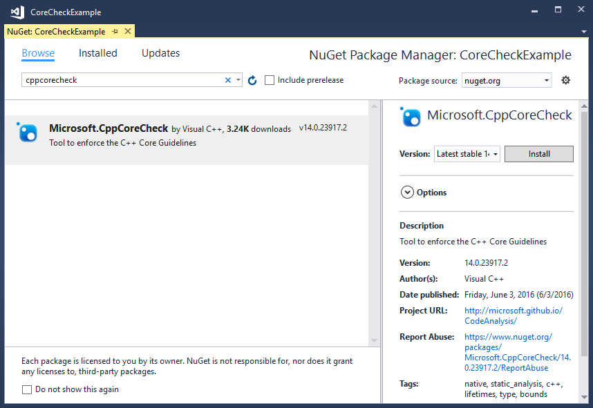 Nuget Package Manager window showing the CppCoreCheck package.