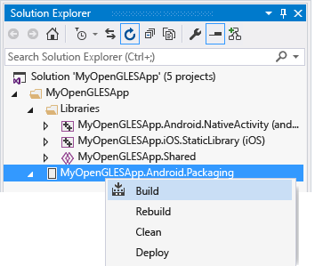 Screenshot of the Solution Explorer window with the shortcut menu for the Android Packaging Project showing the Build command.