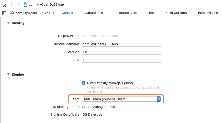 Screenshot of the Xcode team value.