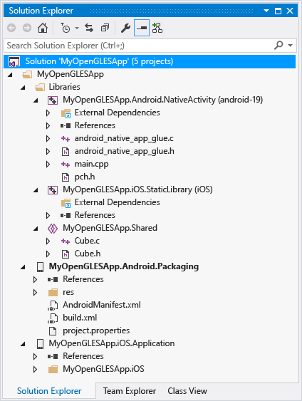 Screenshot of MyOpenGLESApp in Solution Explorer.
